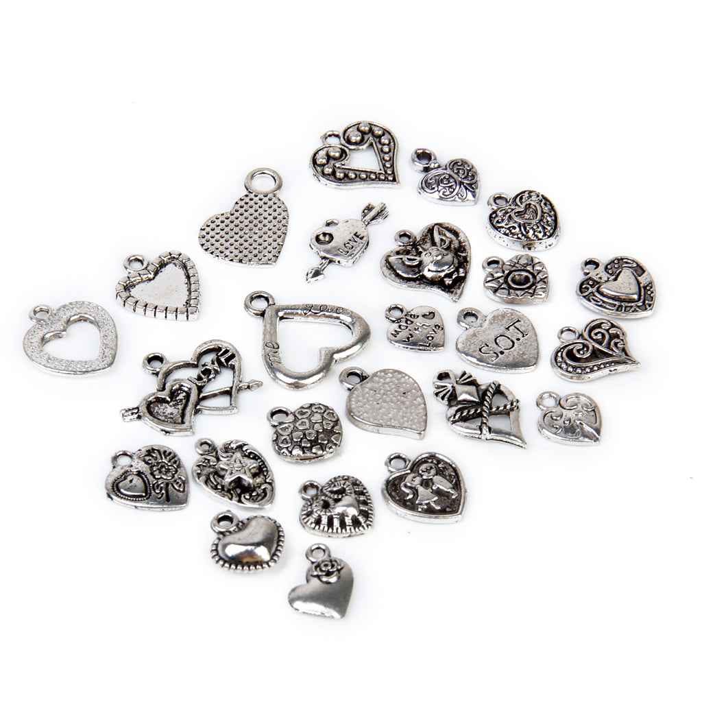 Alloy Silver Assorted Heart Shapes DIY Charms Pendants Beads Bulk Pack of 25