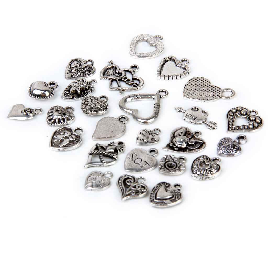 Alloy Silver Assorted Heart Shapes DIY Charms Pendants Beads Bulk Pack of 25