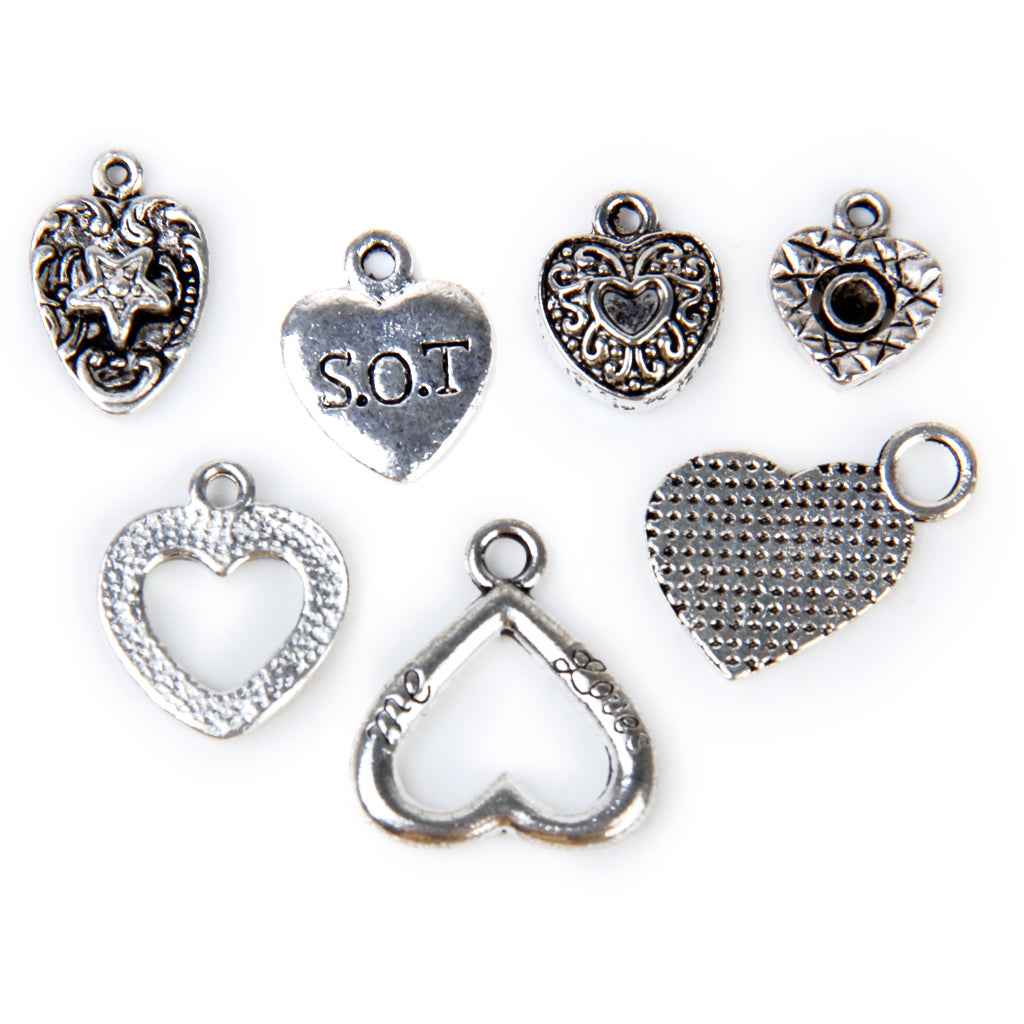 Alloy Silver Assorted Heart Shapes DIY Charms Pendants Beads Bulk Pack of 25