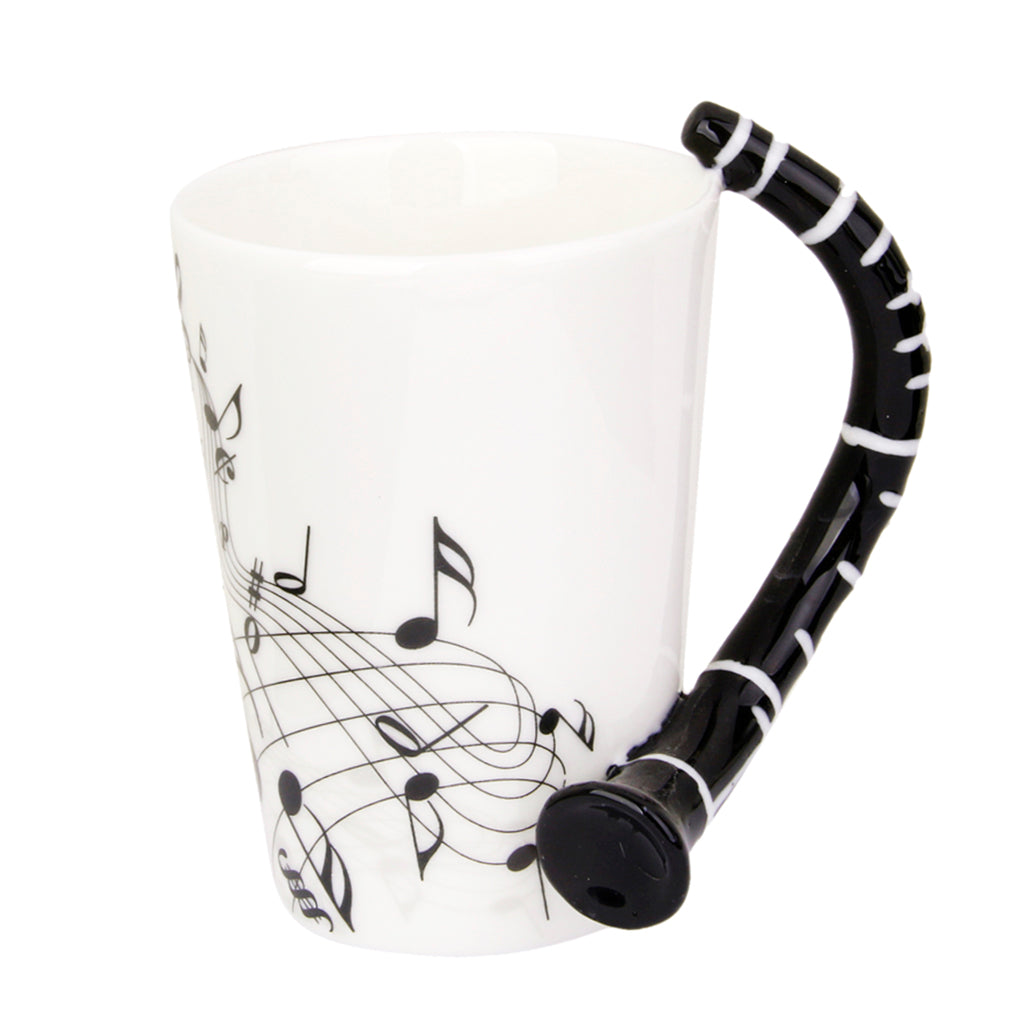 12pcs Music Piano Mug with Clarinet Shaped Handle Porcelain Cup Black Note