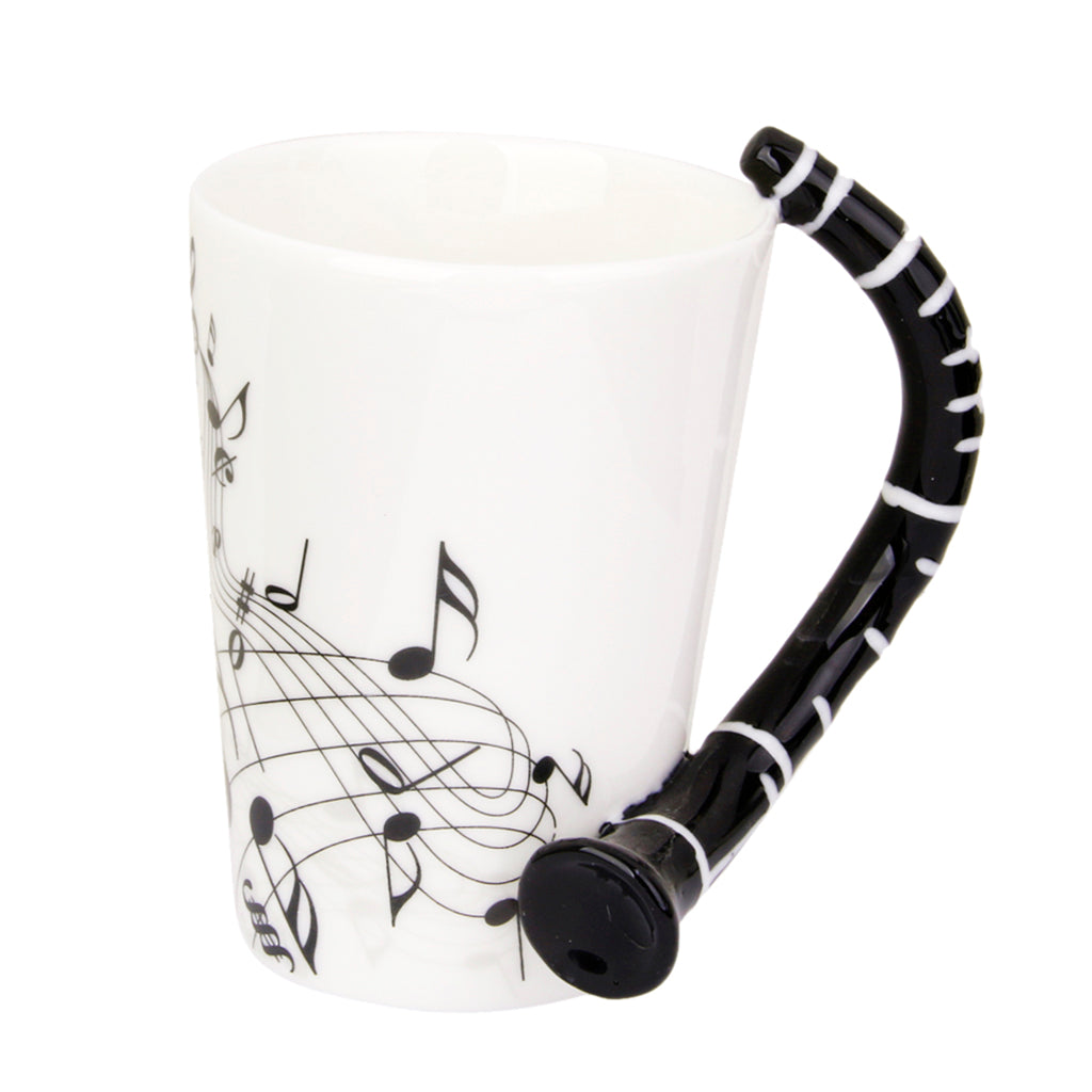 12pcs Music Piano Mug with Clarinet Shaped Handle Porcelain Cup Black Note