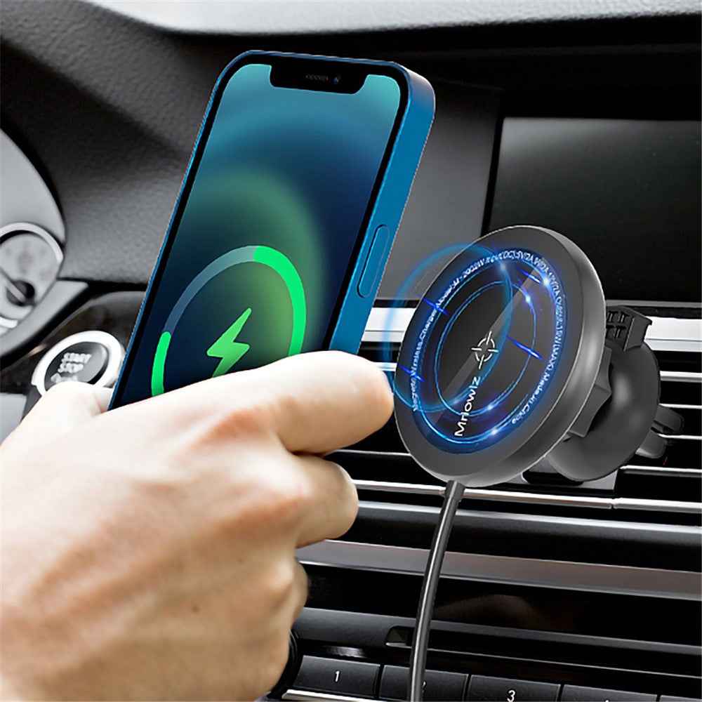 MRIOWIZ M-2002W 15W Car Air Vent Magnetic Wireless Charger Compatible with MagSafe with USB+Type-C Port Holder for iPhone 12 / Samsung