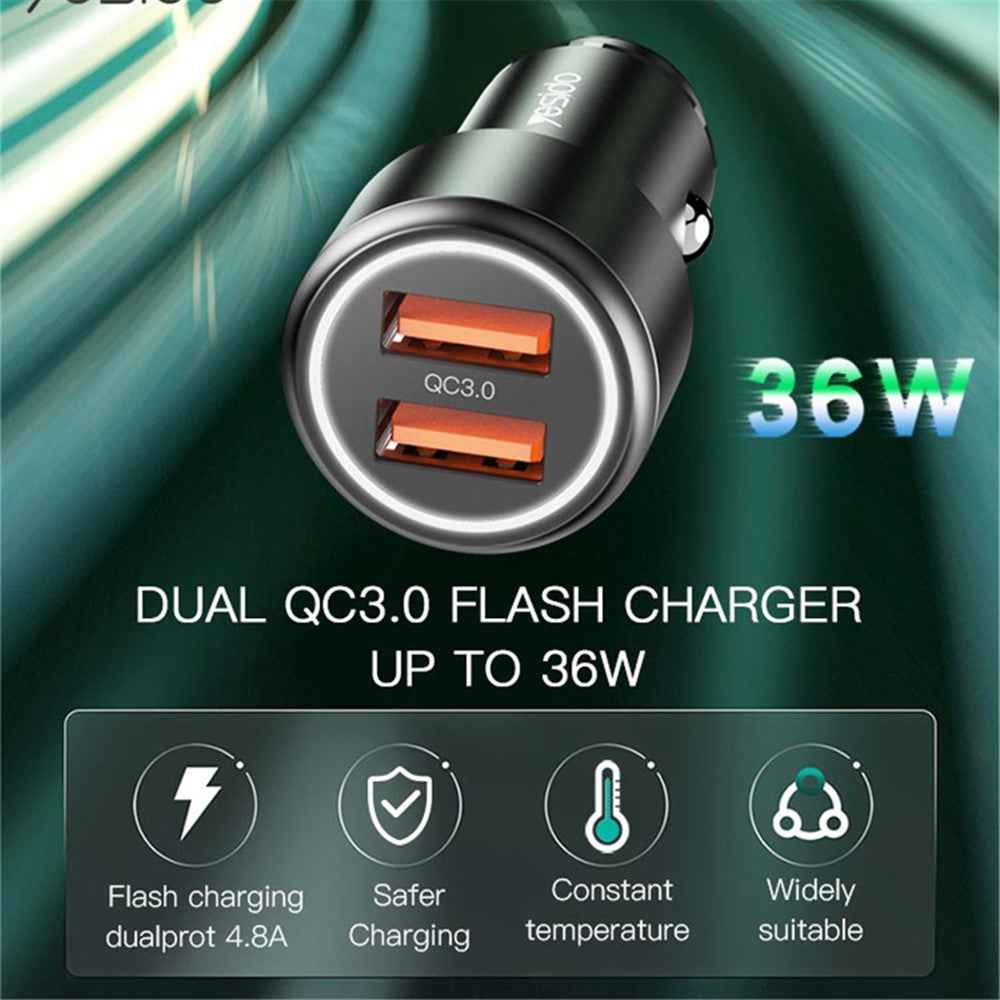 YESIDO Y43 Dual QC3.0 USB Port Car Charger Aluminum Alloy Fast Charging Power Adapter Up to 36W