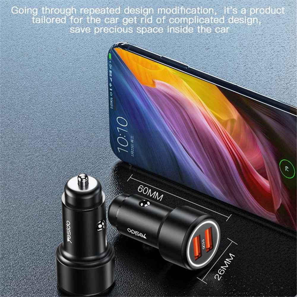 YESIDO Y43 Dual QC3.0 USB Port Car Charger Aluminum Alloy Fast Charging Power Adapter Up to 36W