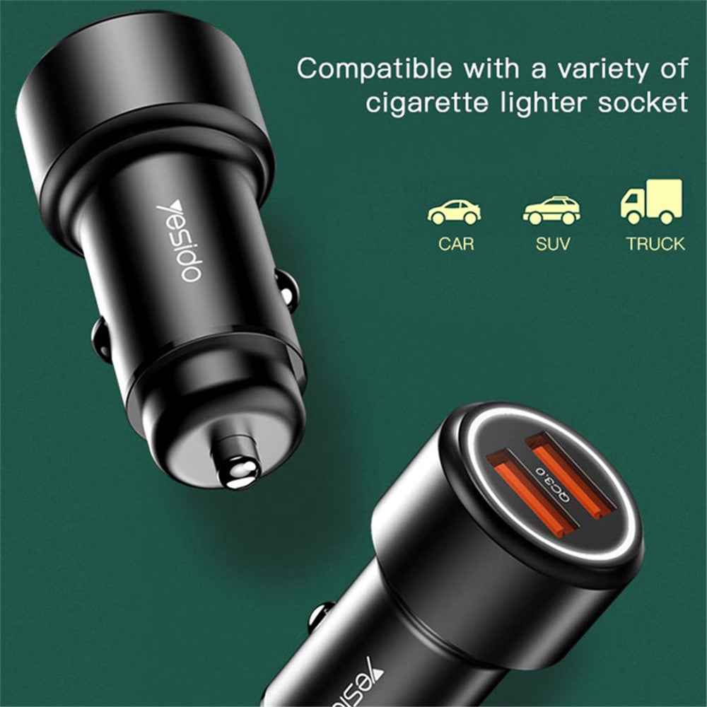 YESIDO Y43 Dual QC3.0 USB Port Car Charger Aluminum Alloy Fast Charging Power Adapter Up to 36W