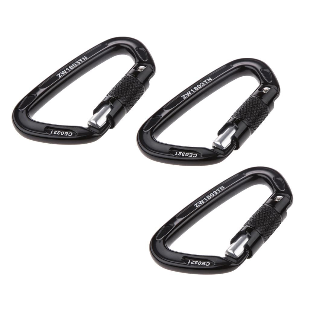 3 Pieces Self-locking Mountaineering Climbing Aluminum Carabiner 24KN Black