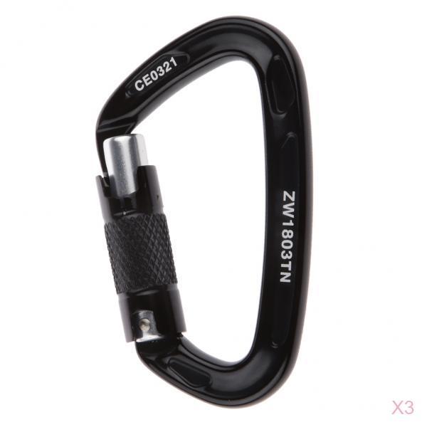 3 Pieces Self-locking Mountaineering Climbing Aluminum Carabiner 24KN Black