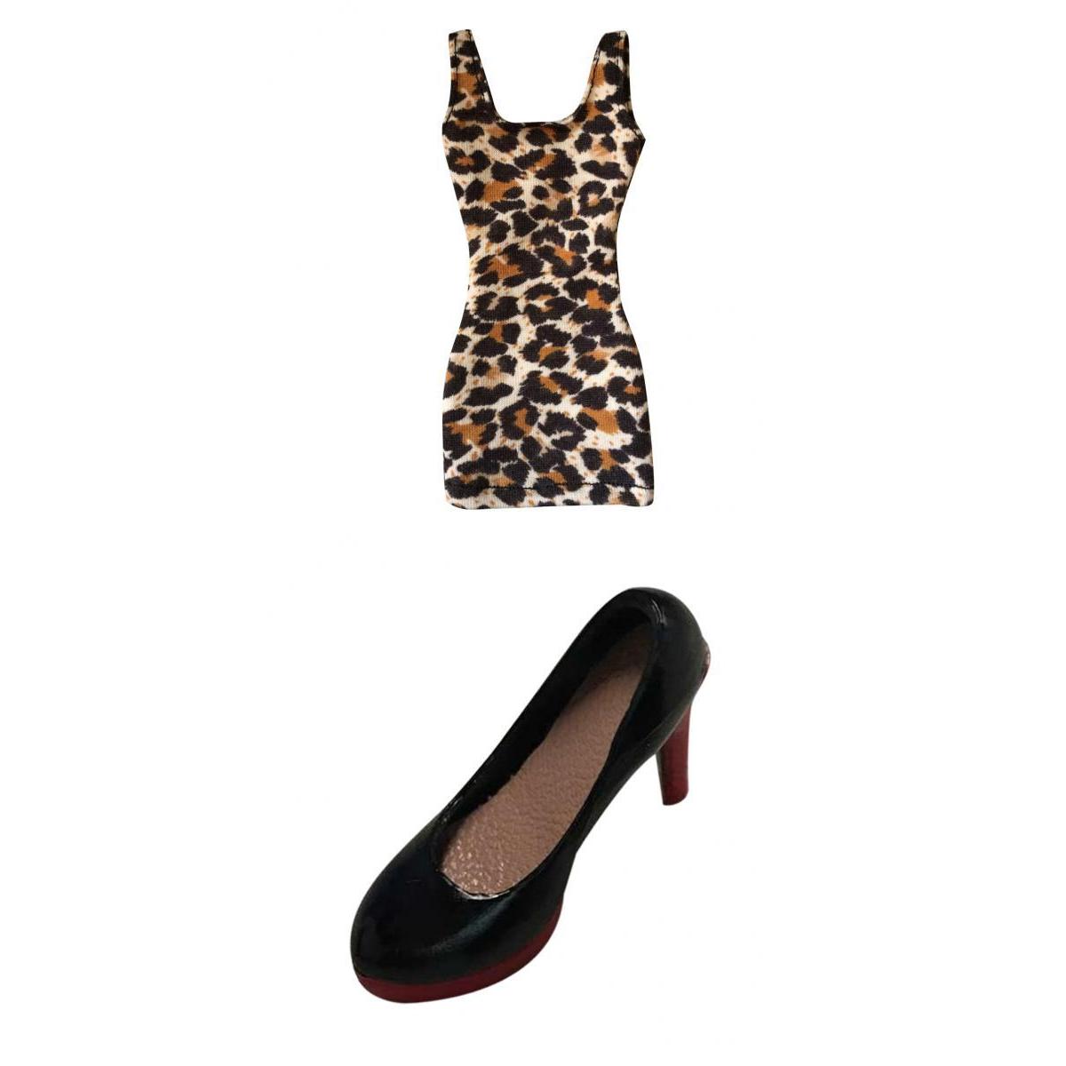 1/6 Vest Skirt Dress + High Heels for 12 Female Action Figure Body Leopard"