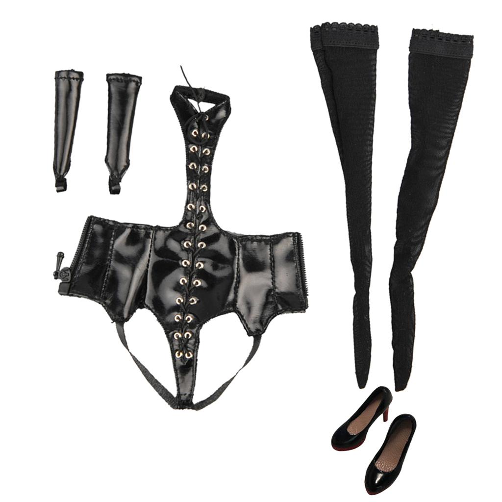 1/6 Black Lace Up Lingerie Suit + High Heels for 12 Female Action Figure"
