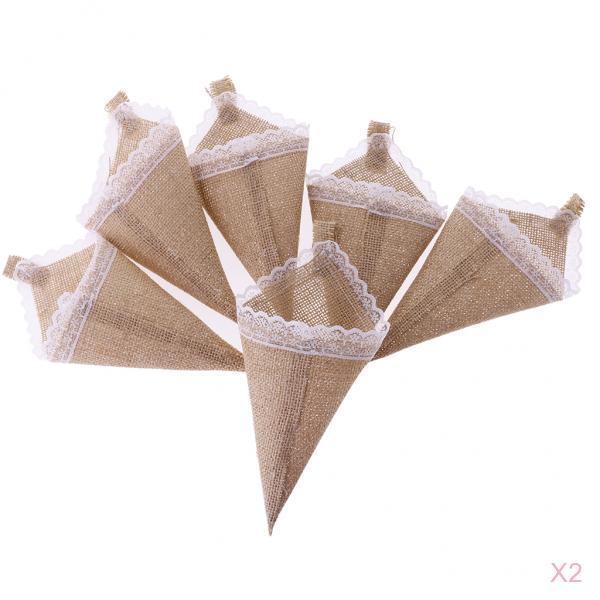 12pcs Hanging Burlap Lace Flower Basket Pew Cone Wedding Home Decoration DIY