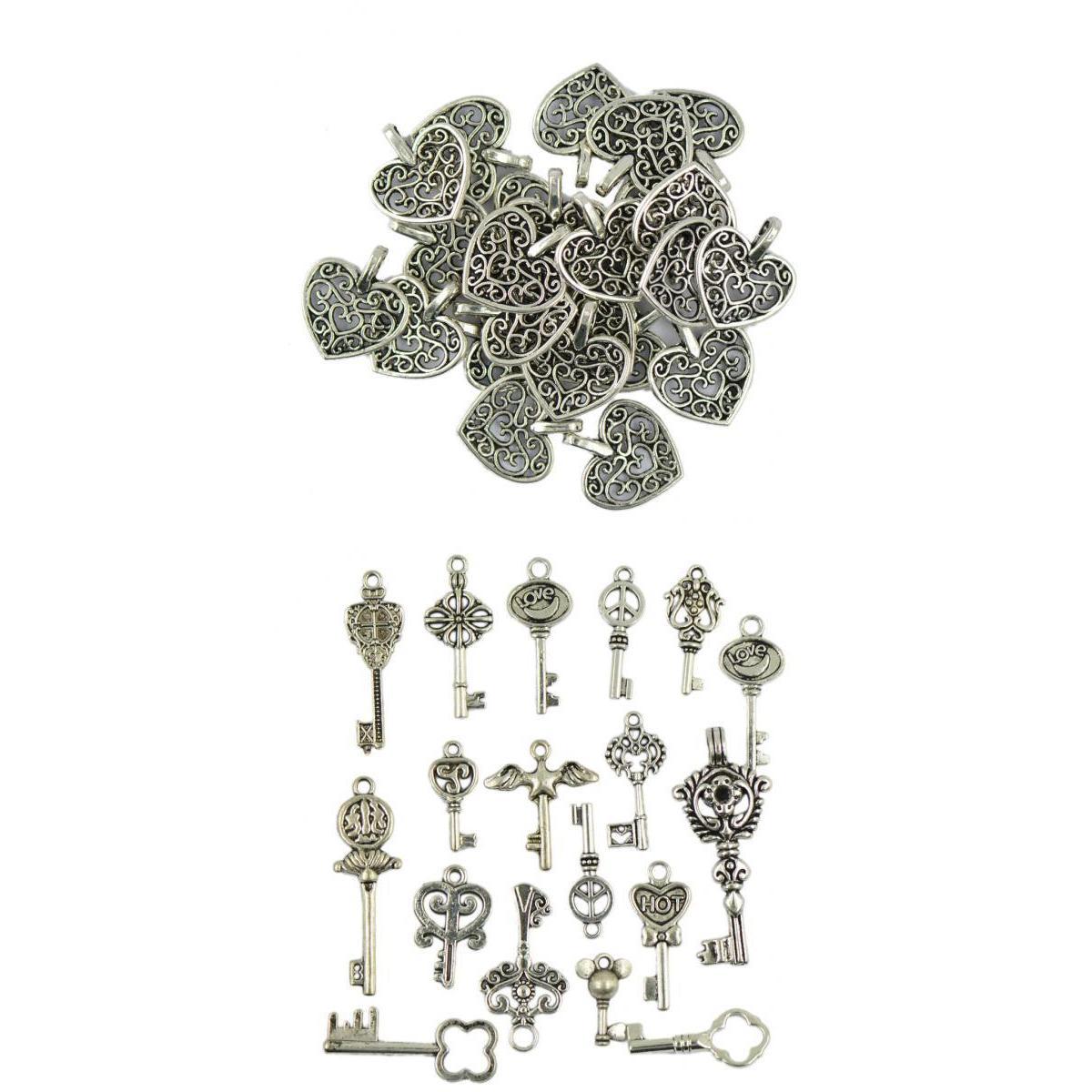 100 Pieces Tibetan Silver Filigree Heart + Key Pendant Charms DIY Crafts