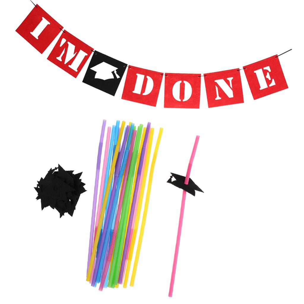 20x I'M DONE Graduation Cap Banner &Disposable Drinking Straw Set Decoration