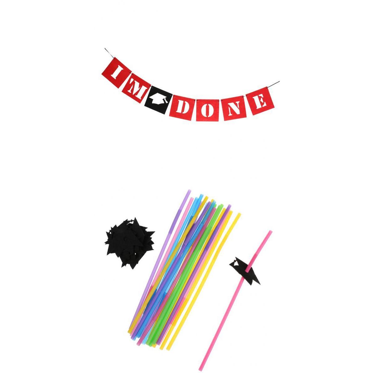 20x I'M DONE Graduation Cap Banner &Disposable Drinking Straw Set Decoration