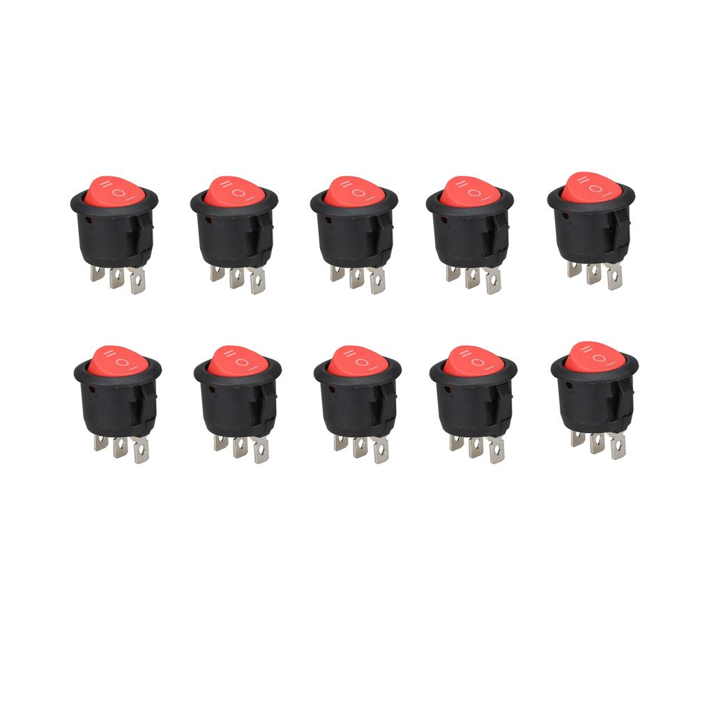 10 Piece Round Rocker Switch Third Gear 3-Pin Switch Position Twist Red