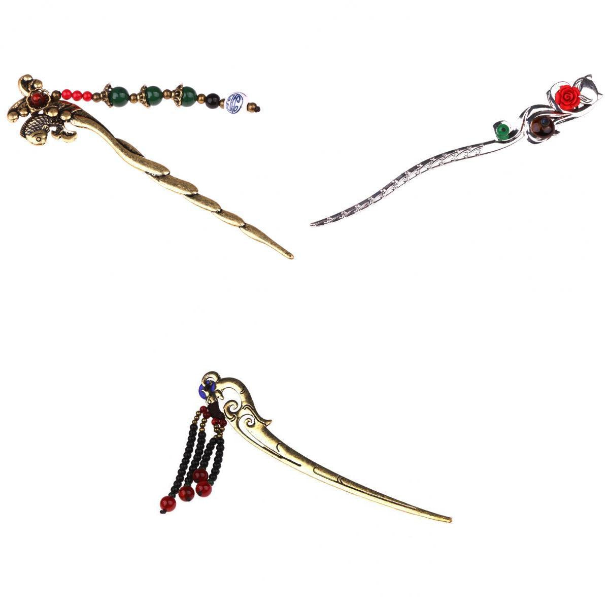 3 Pieces Ancient Chinese Beaded Tassel Pendant Hair Stick Women Hair Jewelry