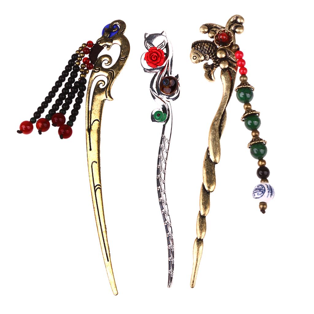 3 Pieces Ancient Chinese Beaded Tassel Pendant Hair Stick Women Hair Jewelry