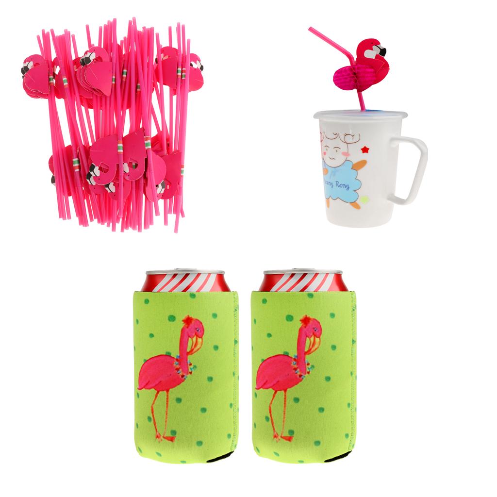 25pcs Flamingo Plastic Straws+2pcs Beer Tin Can Cooler Sleeve Party Favor