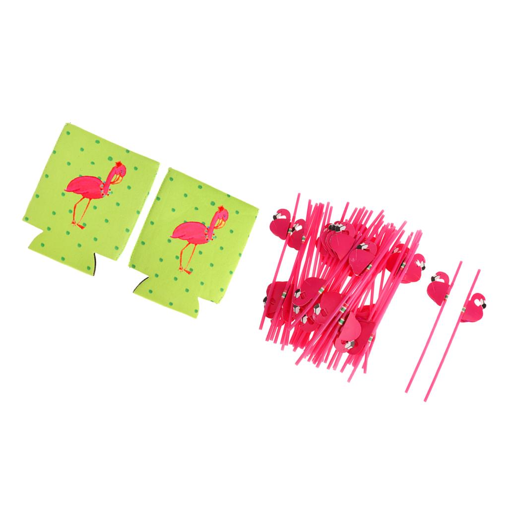 25pcs Flamingo Plastic Straws+2pcs Beer Tin Can Cooler Sleeve Party Favor