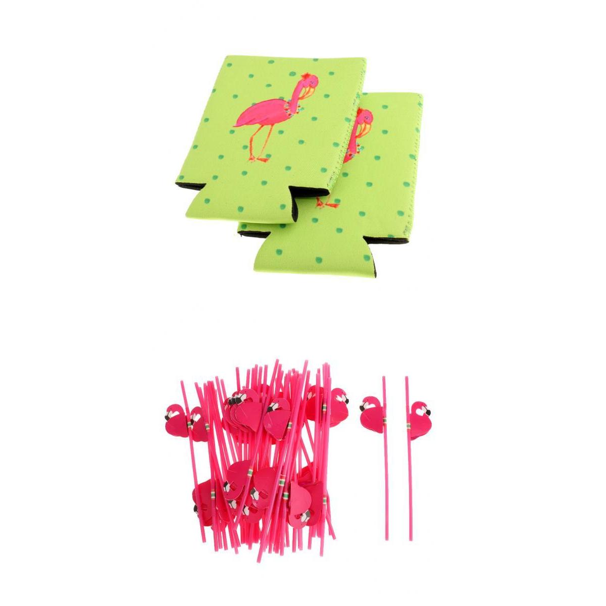 25pcs Flamingo Plastic Straws+2pcs Beer Tin Can Cooler Sleeve Party Favor