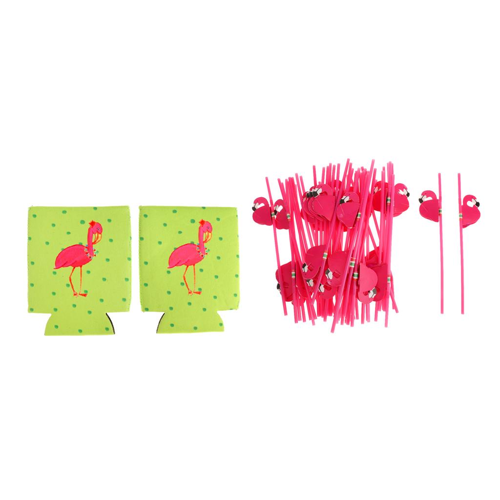 25pcs Flamingo Plastic Straws+2pcs Beer Tin Can Cooler Sleeve Party Favor