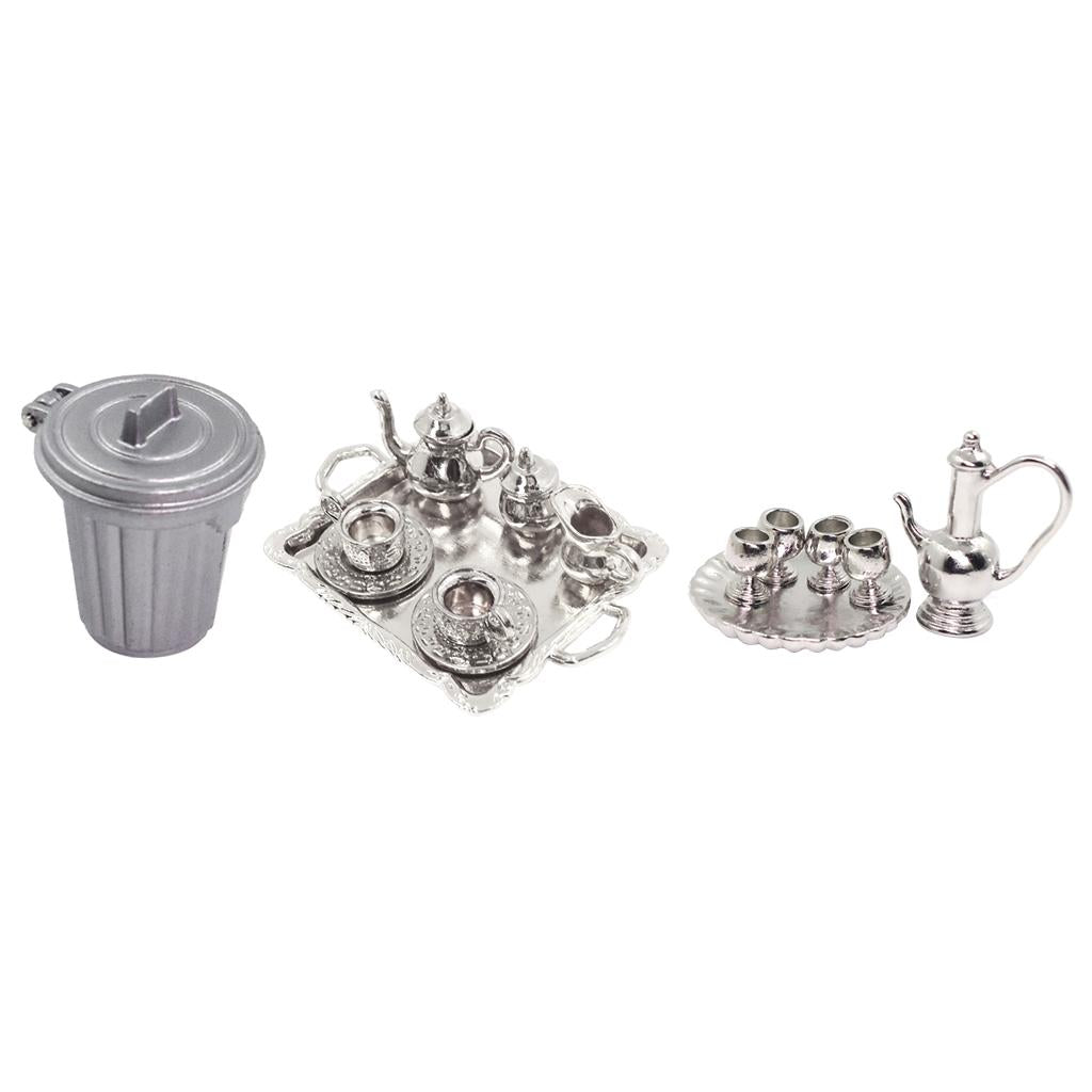 17 Pieces 1:12 Dollhouse Miniature Silver Metal Tea Coffee Sets Trash Can