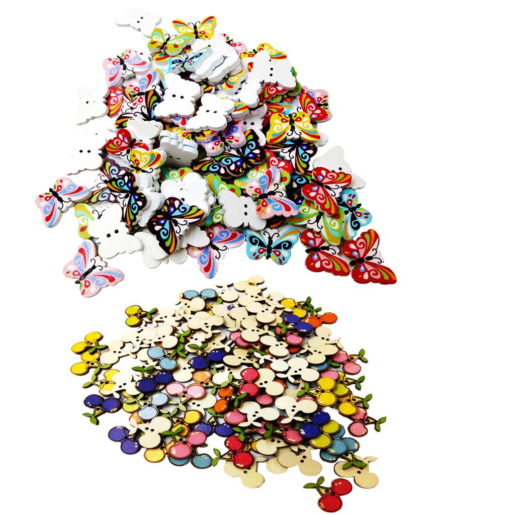 200 Piece Assorted Shape Wood Flat 2 Holes Button for Sewing Craft