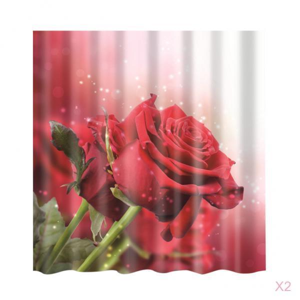 2 pieces Polyester Shower Curtain with Hooks Bathroom Hanging Decor Red Rose