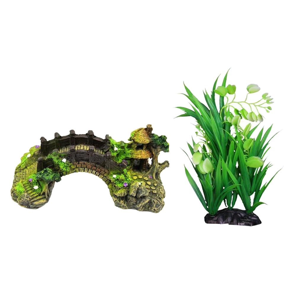 Aquarium Ornament Artificial Bridge Water Plant Grass For Fish Tank Cave