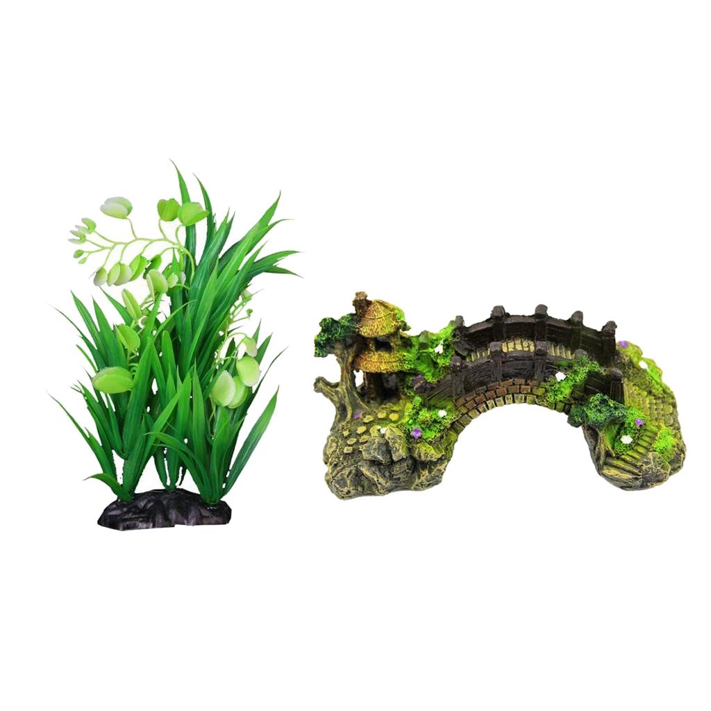Aquarium Ornament Artificial Bridge Water Plant Grass For Fish Tank Cave
