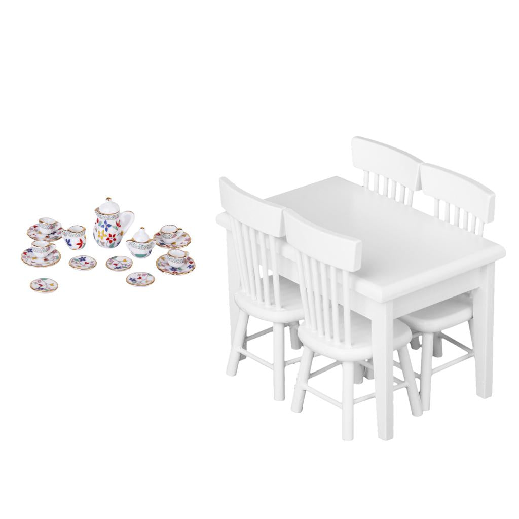 1/12 Dollhouse Miniature Tableware Porcelain Tea Table Chair Set Furniture