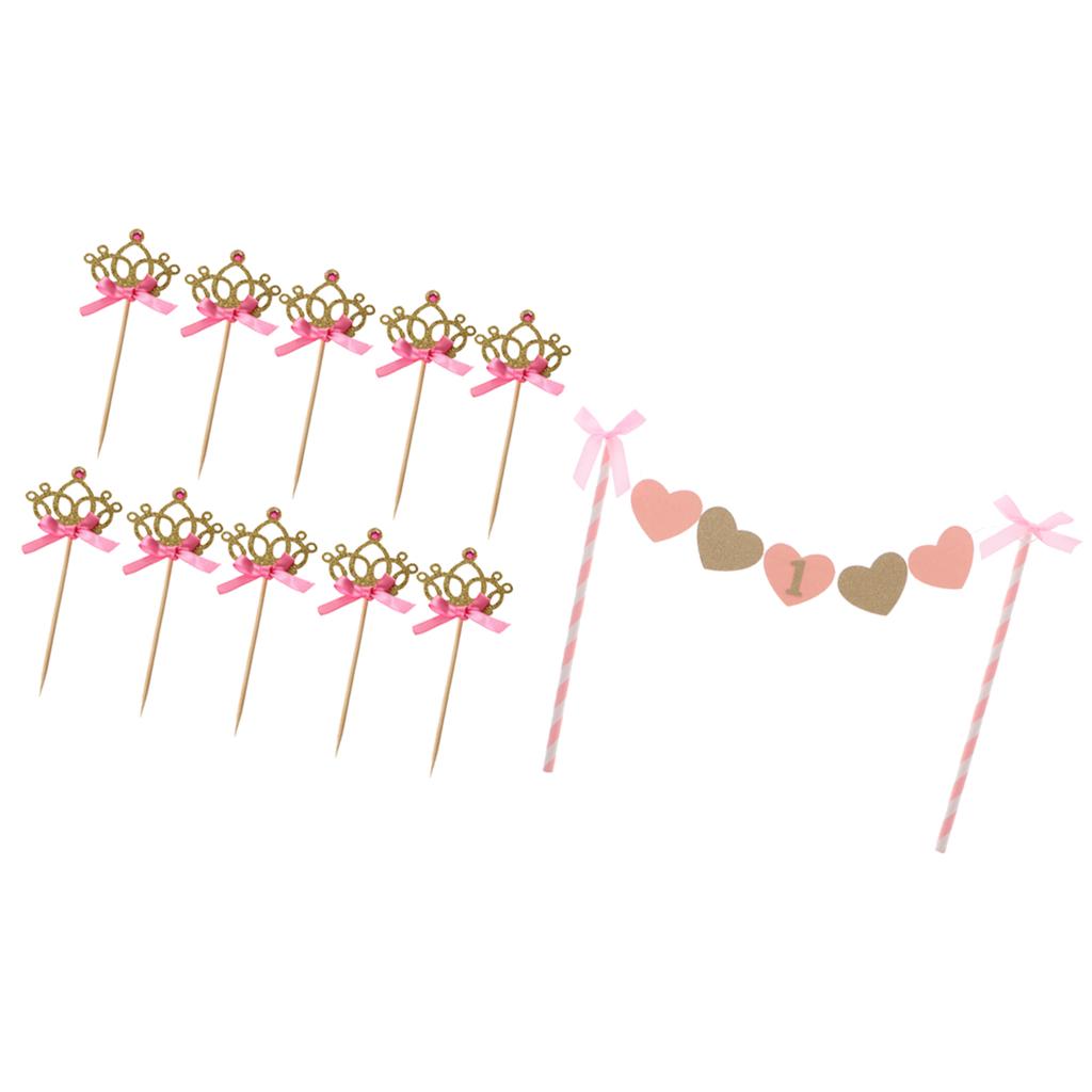10xGlitter Gold Crown Cupcake Picks+Pink One 1st Birthday Cake Topper Banner