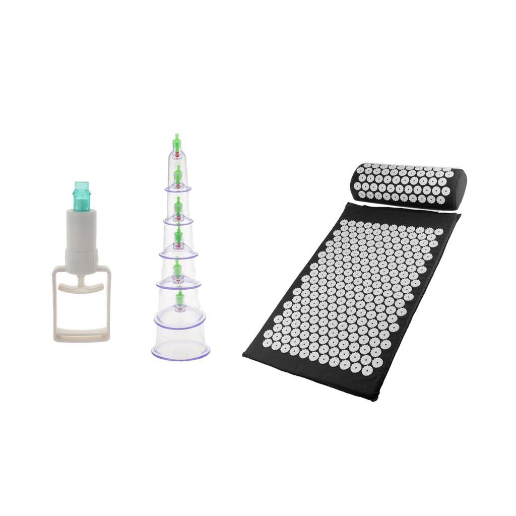 Acupressure Mat Pillow Back Neck Pain Relief + 6 Cups Vacuum Suction Cupping