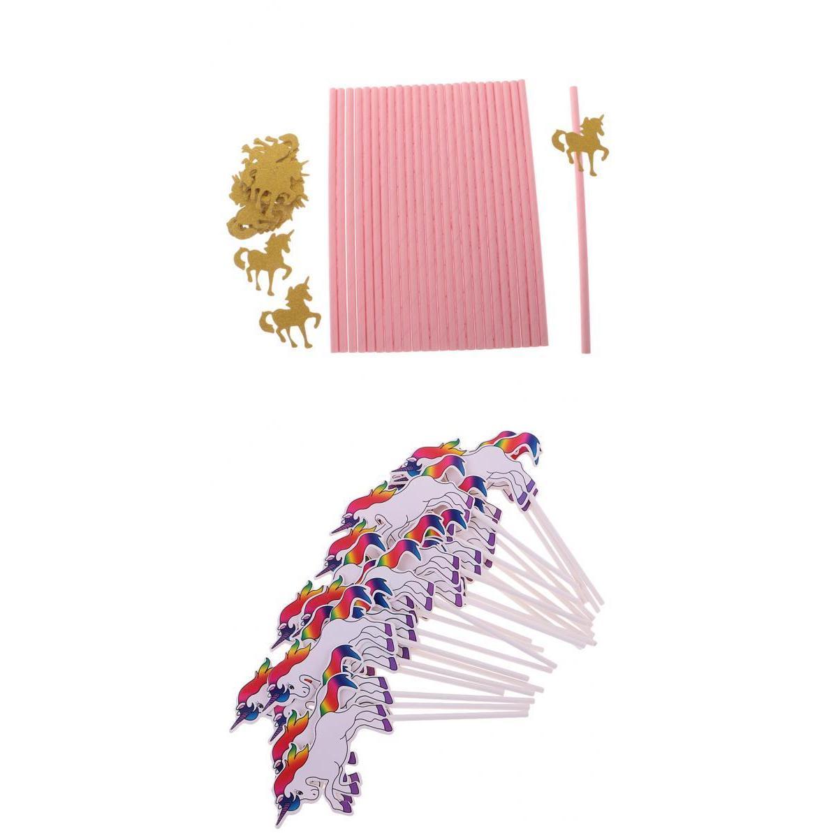 24pcs Unicorn Rainbow Cake Sticks+25pcs Paper Straws for Kids Birthday Party