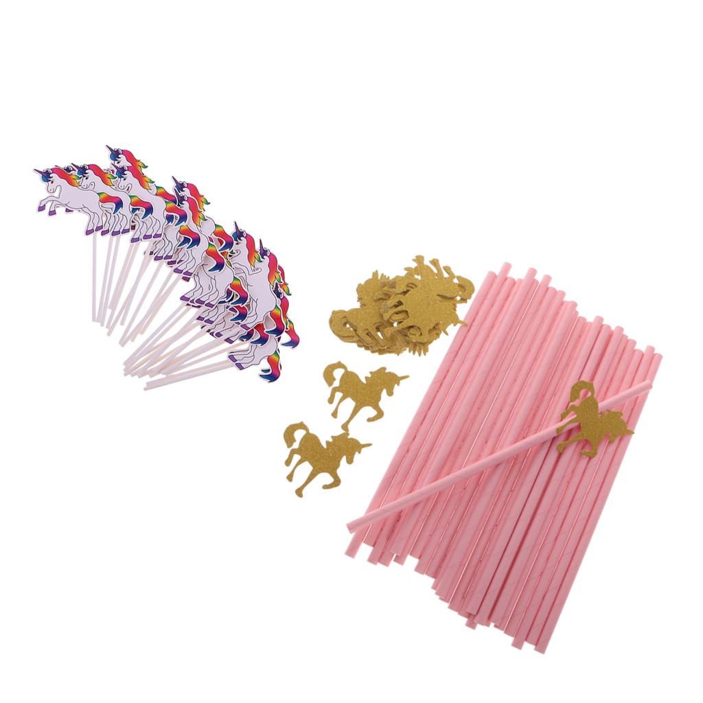 24pcs Unicorn Rainbow Cake Sticks+25pcs Paper Straws for Kids Birthday Party