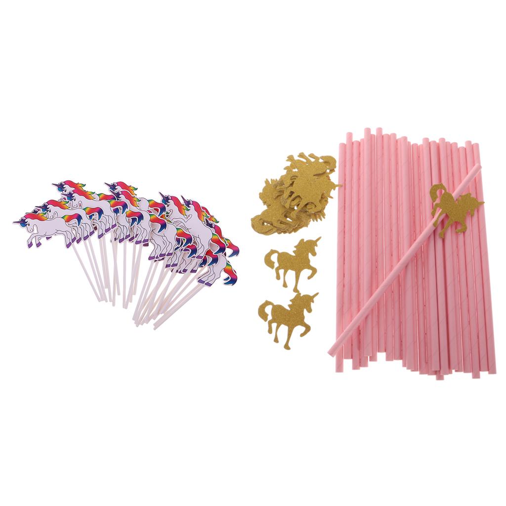 24pcs Unicorn Rainbow Cake Sticks+25pcs Paper Straws for Kids Birthday Party