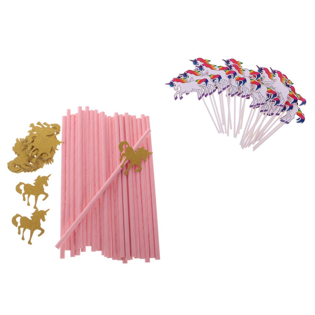 24pcs Unicorn Rainbow Cake Sticks+25pcs Paper Straws for Kids Birthday Party