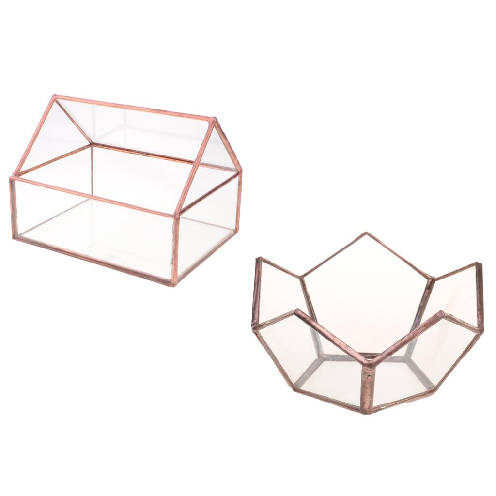 2xBronze Glass Open Geometric Terrarium Container Succulent Planter Tabletop