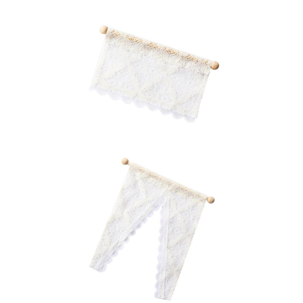 2 Pieces 1/12 Dollhouse Miniature Lace Curtain/Drape Wooden Rod Decor White
