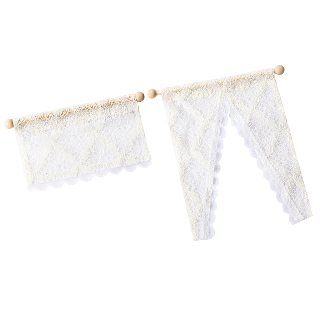 2 Pieces 1/12 Dollhouse Miniature Lace Curtain/Drape Wooden Rod Decor White