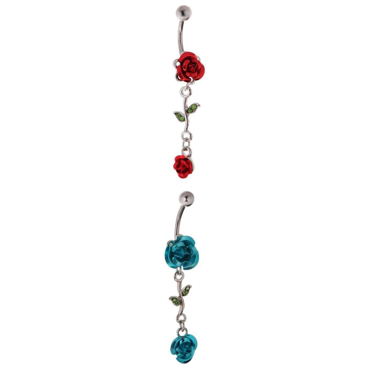 2 Pieces 316L Stainless Steel Belly Ring Rose Flower Navel Bar 14G Red/Blue