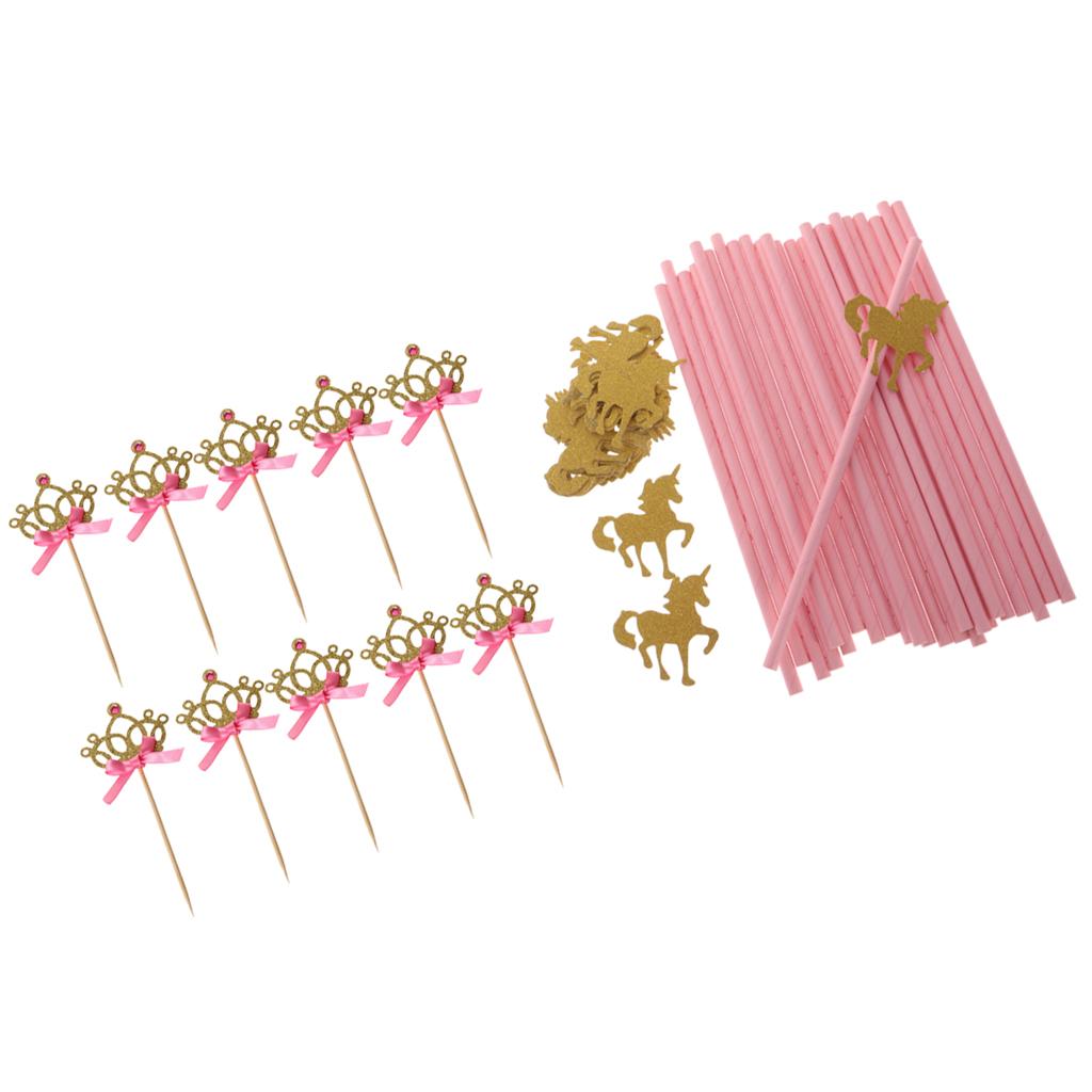 25xGold Glitter Unicorn Drinking Straw 10xCrown Cake Cupcake Topper Picks