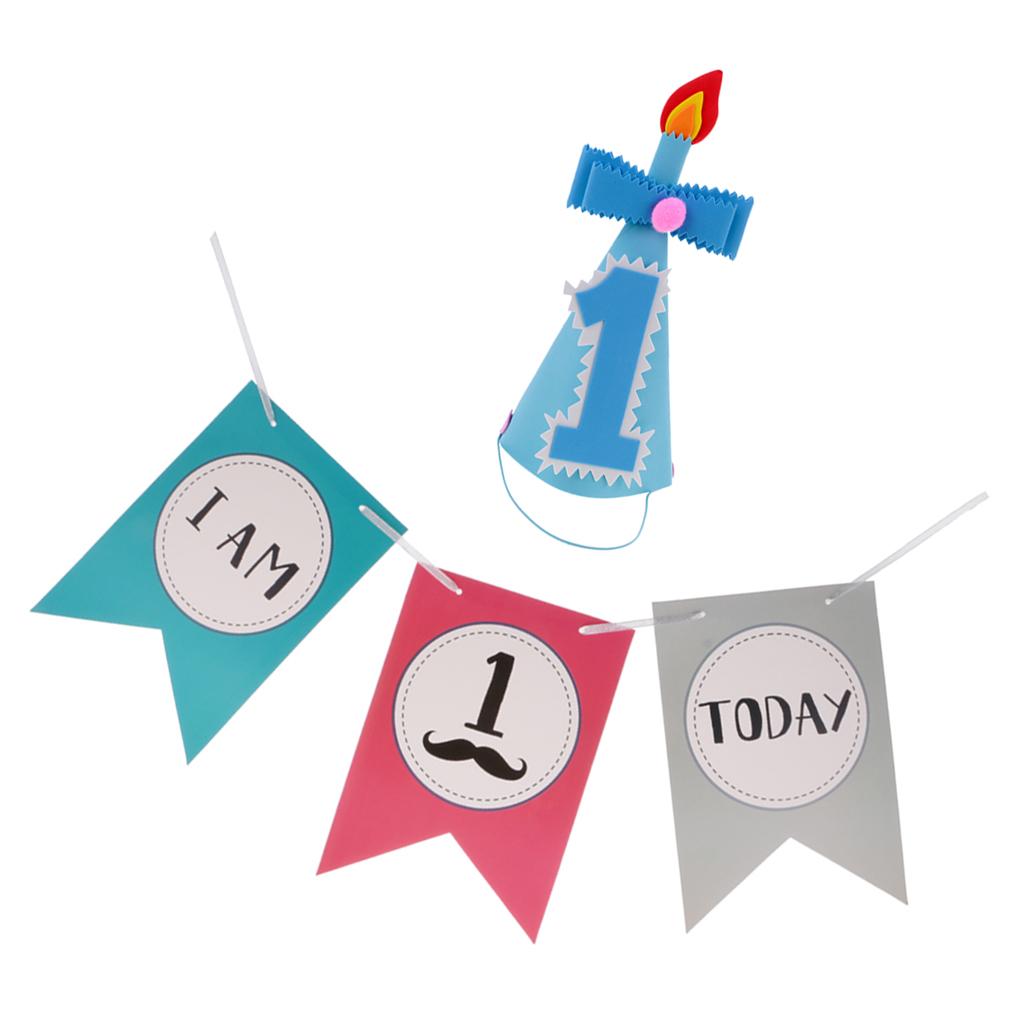 Baby 1st Birthday Party Cone Hat +I AM 1 TODAY Chair Banner Party Decoration