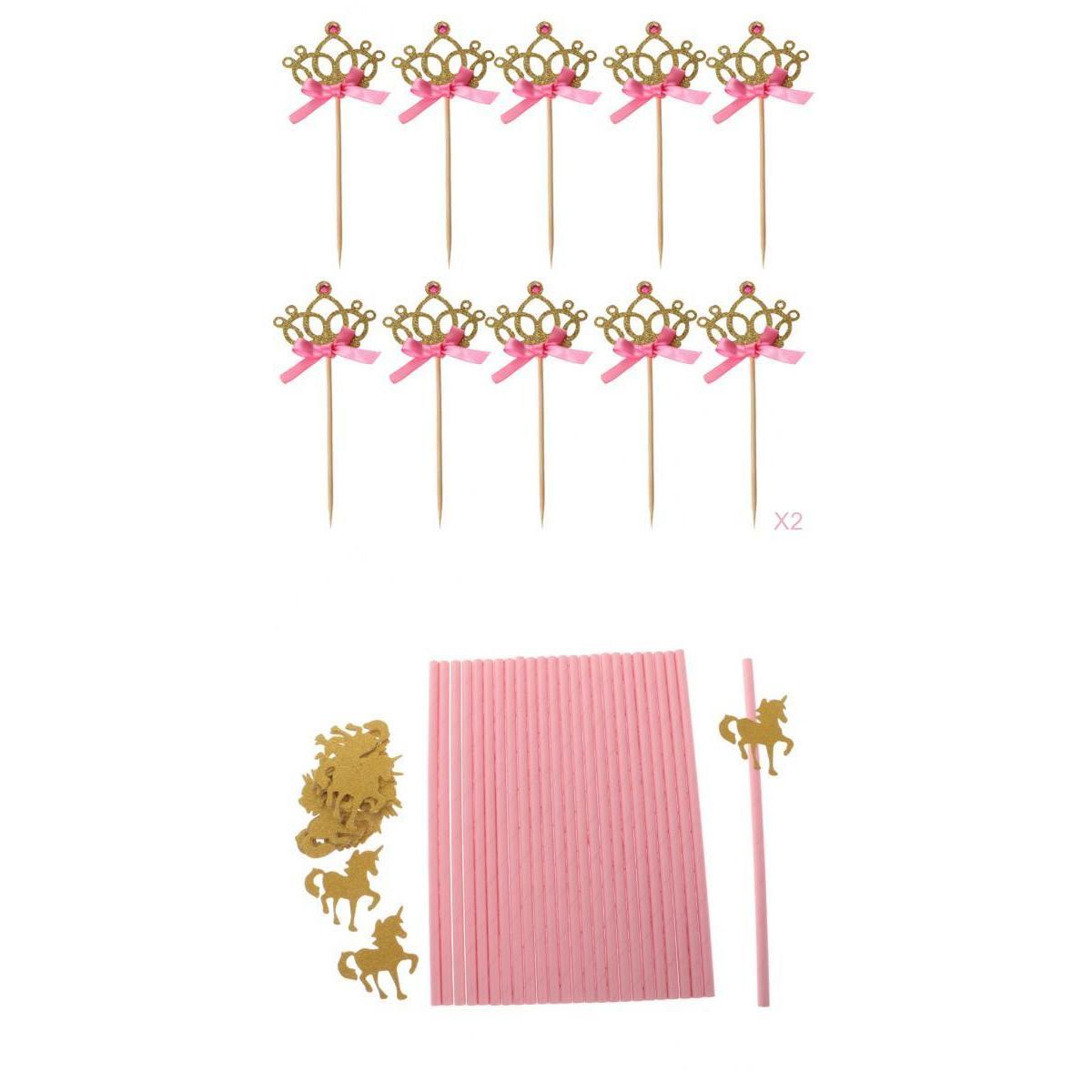 25xGold Glitter Unicorn Drinking Straw 20xCrown Cake Cupcake Topper Picks