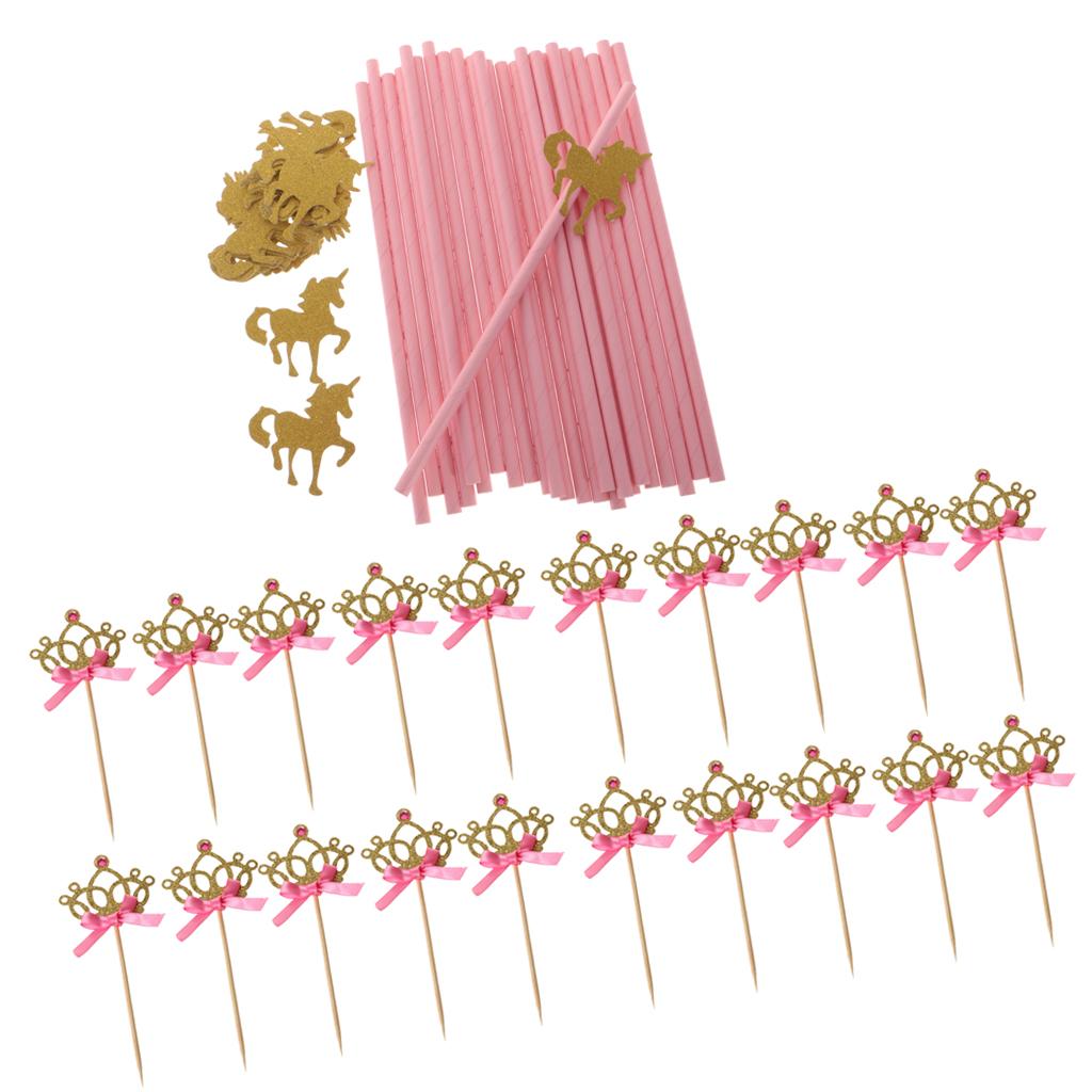 25xGold Glitter Unicorn Drinking Straw 20xCrown Cake Cupcake Topper Picks