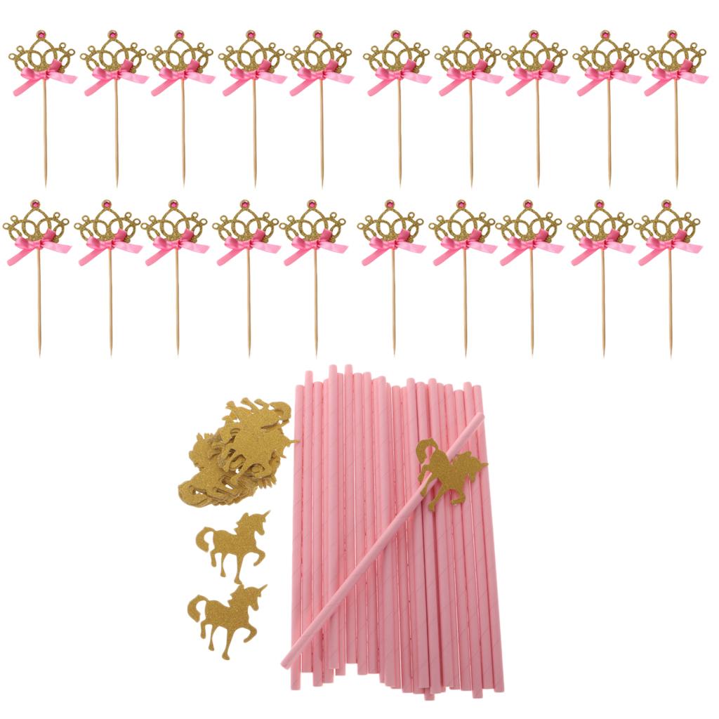 25xGold Glitter Unicorn Drinking Straw 20xCrown Cake Cupcake Topper Picks