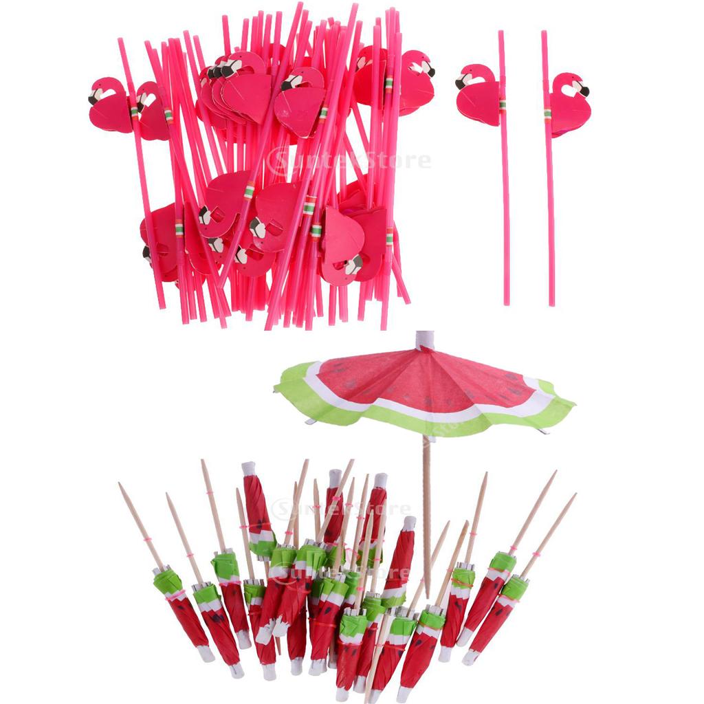 140pcs Hawaiian Luau Watermelon Umbrella Cocktail Picks 25pcs Flamingo Straw
