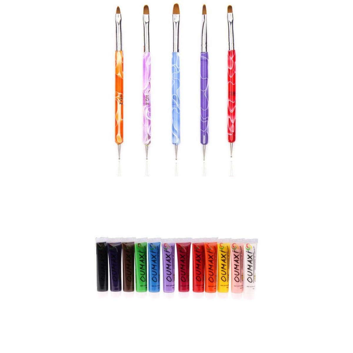12x Nail Art Paint Pigment Tube+5x 2-Way Nail Art Painting Dotting Pen Brush