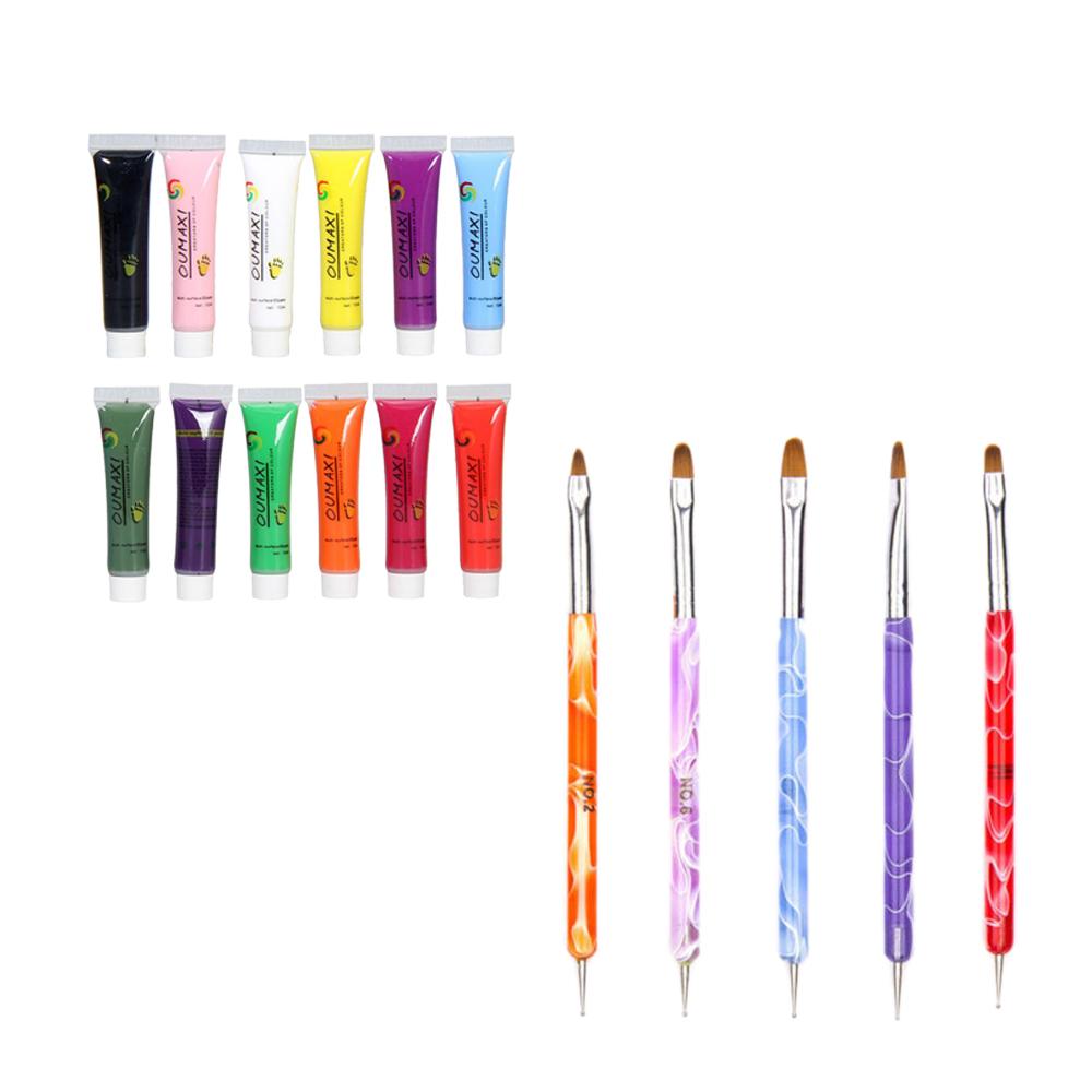 12x Nail Art Paint Pigment Tube+5x 2-Way Nail Art Painting Dotting Pen Brush