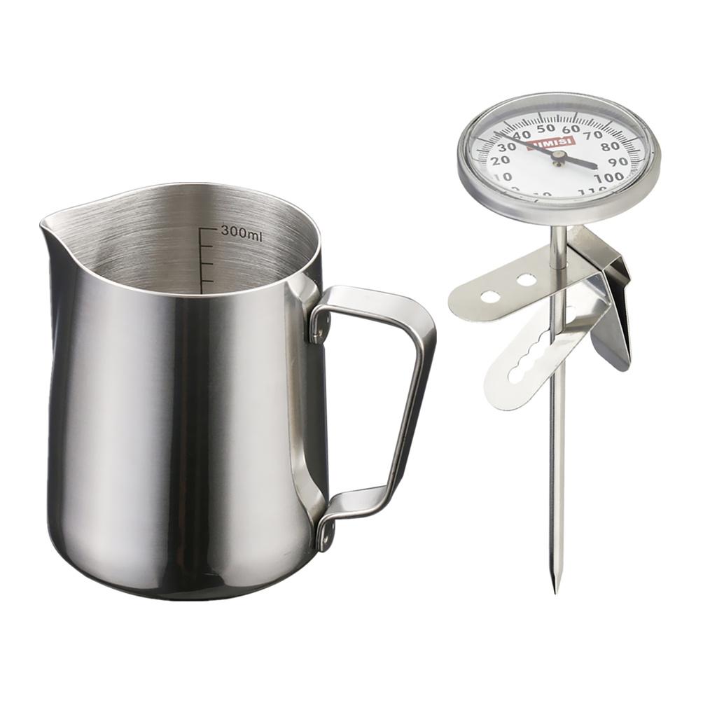 350ml Stainless Steel Coffee Frothing Milk Tea Latte Jug Scale + Thermometer