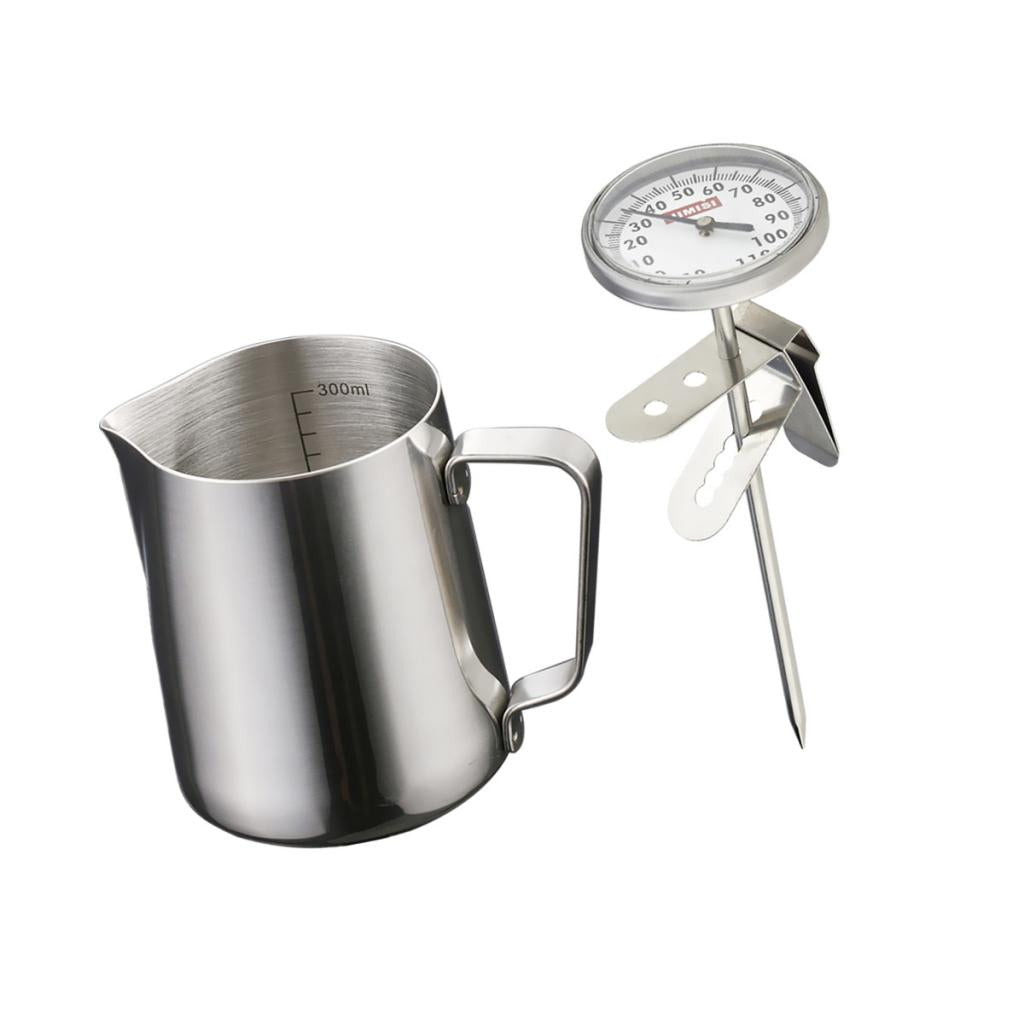 350ml Stainless Steel Coffee Frothing Milk Tea Latte Jug Scale + Thermometer
